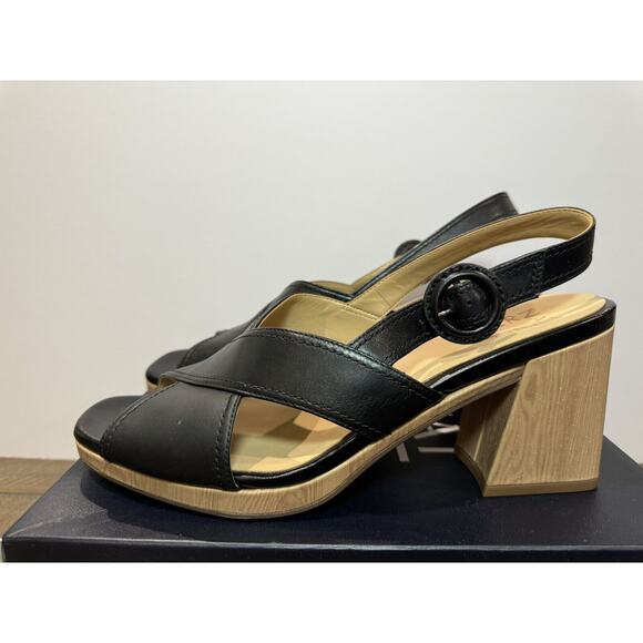 Naturalizer Renly Peep Toe Bamboo Block Heel Black Sandal - Women’s 9.5M - Picture 1 of 10